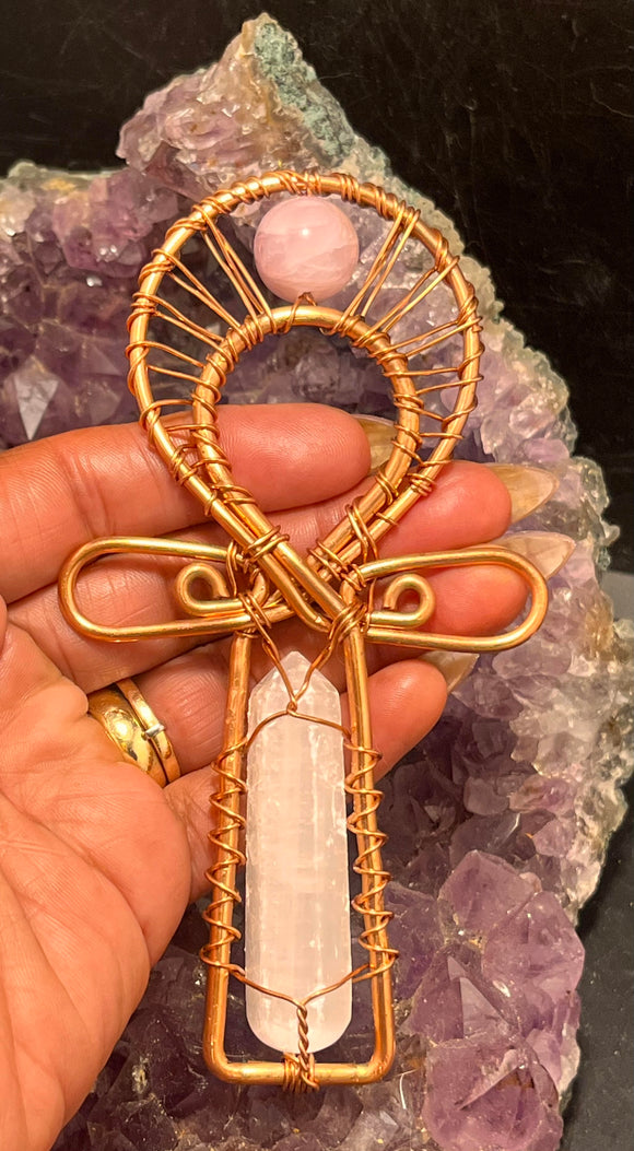 Selenite and Kunzite Copper Ankh