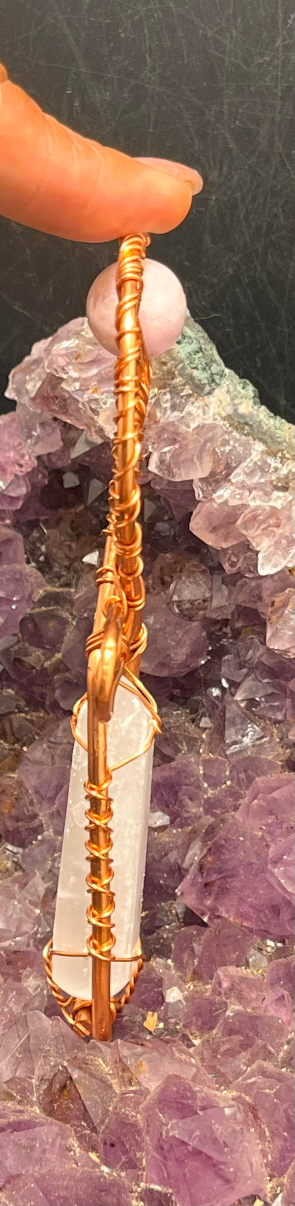 Selenite and Kunzite Copper Ankh