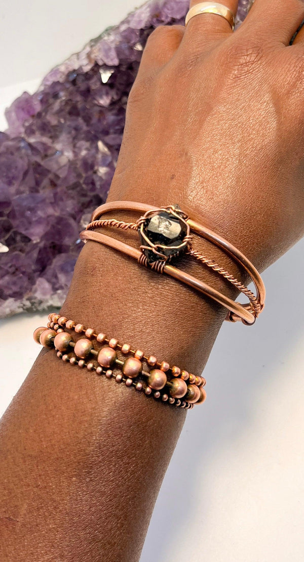 Double Terminated Smoky Elestial Quartz Crystal Wirewrapped Copper Bracelet - Infinite Treasures, LLC