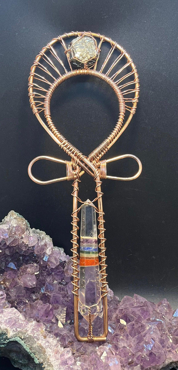 Crystal Vogel with Chakra Gemstone Center and Pyrite Dodechahedron Handheld Copper Ankh - Infinite Treasures, LLC