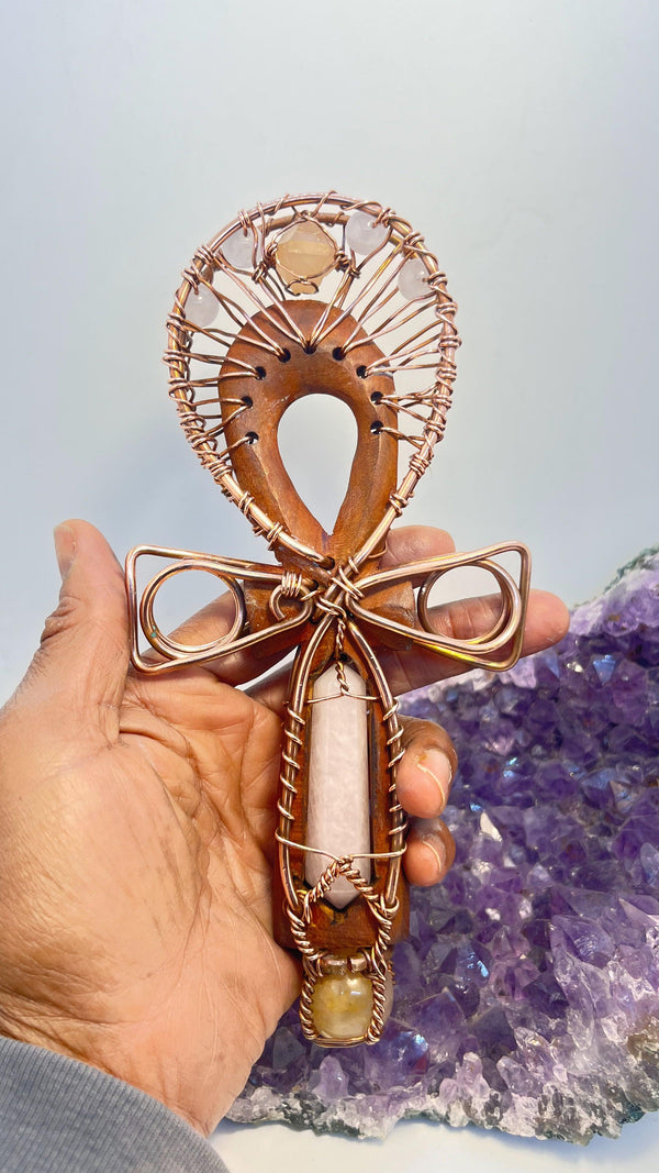 Hand Carved Cherry Wood, Rose Quartz and Beta Quartz with Golden Healer Sphere Handheld Ankh - Infinite Treasures, LLC