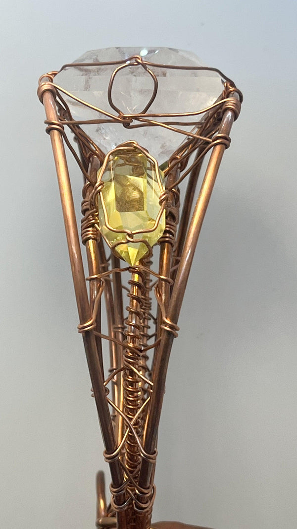 Hand Carved Wooden Gye Nyame with Diamond Cut Quartz Crystal Top and Double Terminated Citrine Copper Sphere Shungite and Pyrite Dodechahedron Handheld Copper Ankh - Infinite Treasures, LLC