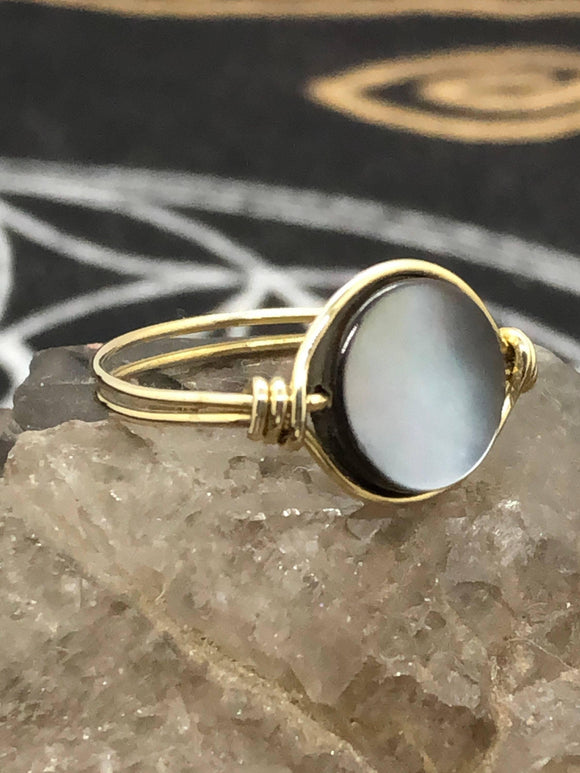 Black Mother of Pearl Brass Bead Ring - Infinite Treasures, LLC