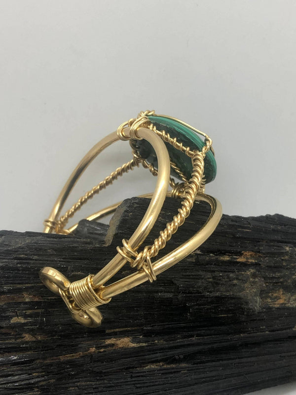 Malachite Brass 40x30mm Oval Bracelet Wire wrapped Handmade - Infinite Treasures, LLC