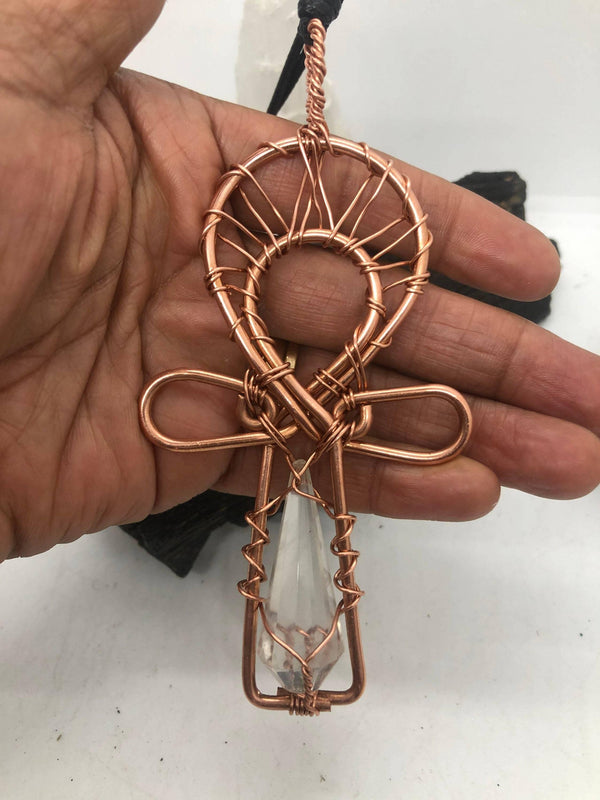 Crystal Quartz Vogel shaped Egyptian Kemetic Coptic Cross Copper Ankh Wirewrapped Pendant Necklace - Infinite Treasures, LLC