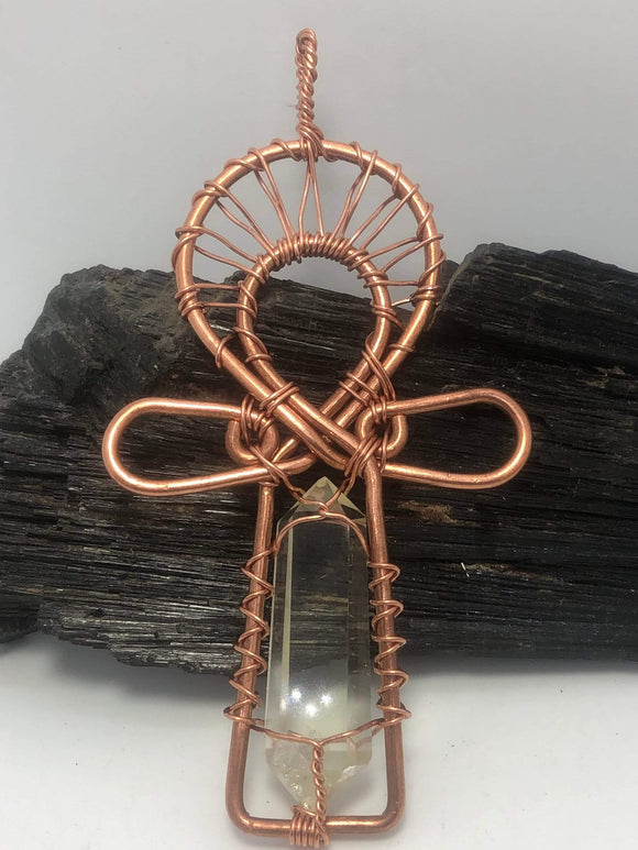 Citrine Kemetic Coptic Cross Copper Ankh Wirewrapped Pendant Necklace - Infinite Treasures, LLC