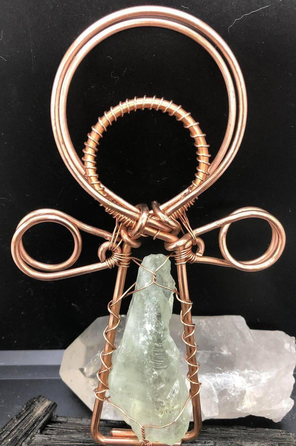 Natural Rare Green Amethyst Quartz Crystal Handheld Ankh Coptic Cross Copper - Infinite Treasures, LLC