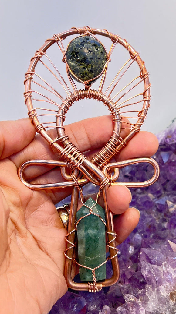 Epidote Crystal and Jade Copper POCKET Ankh - Infinite Treasures, LLC