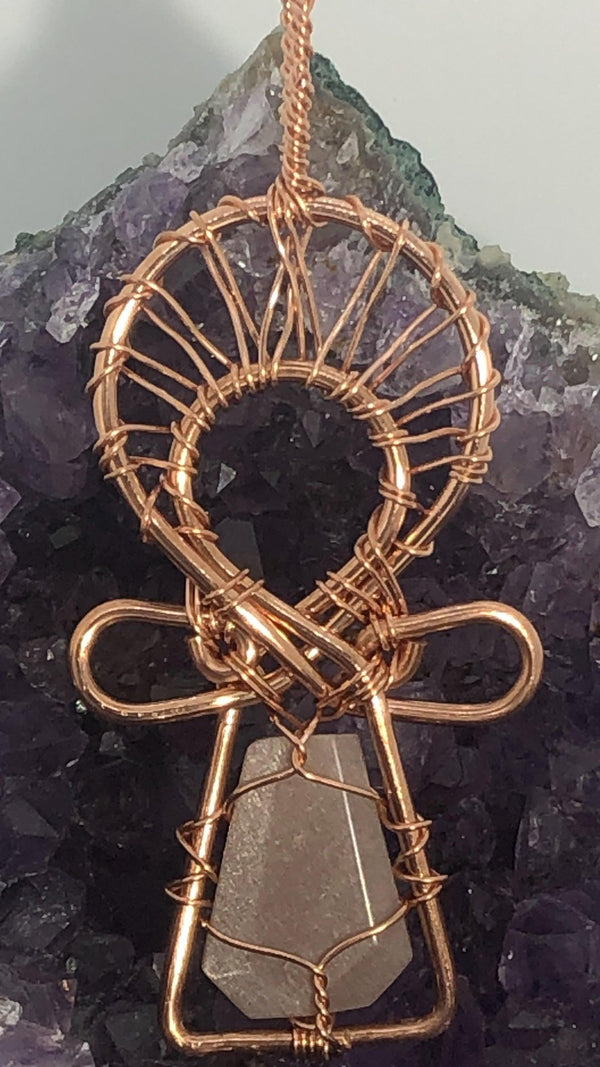 Moonstone Faceted Teardrop Copper Ankh Pendant - Infinite Treasures, LLC