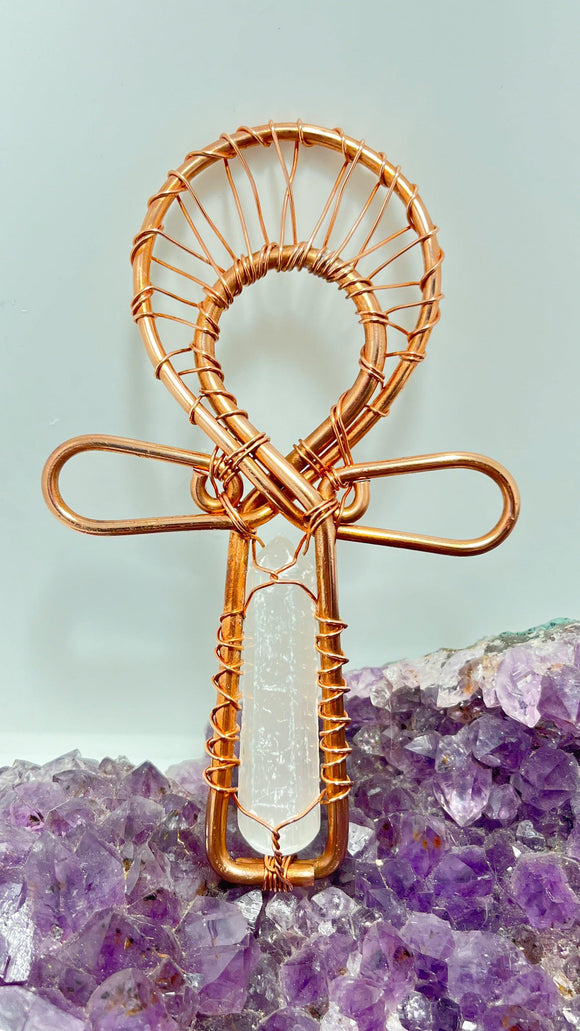 Selenite crystal POCKET Ankh copper wirewrapped sacred geometry 