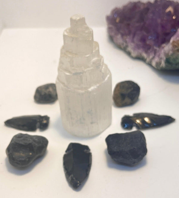 Selenite Tower 4 Inch and Apache Tear Black Obsidian Arrowheads and Tumbles - Infinite Treasures, LLC