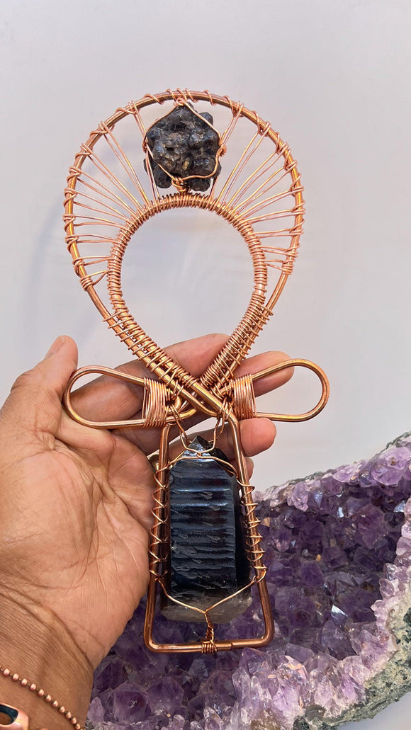 Smoky Lemurian Seed Quartz Crystal and Prophecy Stone Handheld Copper Ankh - Infinite Treasures, LLC